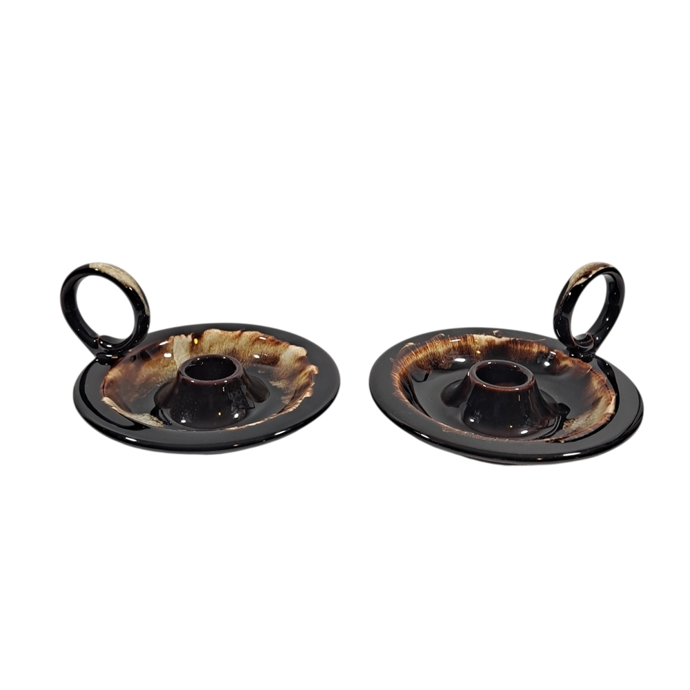Vintage Brown Drip Glaze Taper Candle Holders With Handles Set Of Two